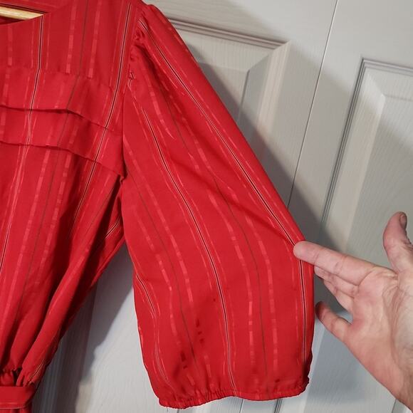 Vintage Items California Red Striped Dress Size LG Elastic Waist Puff Sleeves - Picture 5 of 9